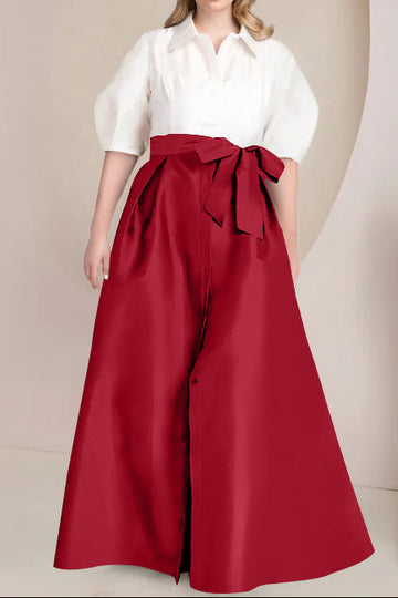 A-Line/Princess Shirt Collar Short Sleeves Floor-Length Plus Size Mother Of The Bride Dresses with Bowknot