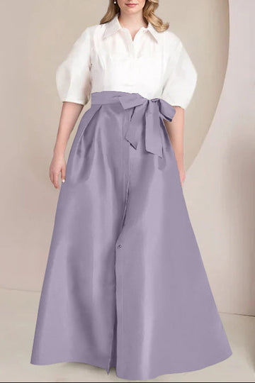 A-Line/Princess Shirt Collar Short Sleeves Floor-Length Plus Size Mother Of The Bride Dresses with Bowknot