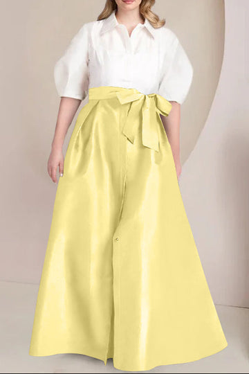 A-Line/Princess Shirt Collar Short Sleeves Floor-Length Plus Size Mother Of The Bride Dresses with Bowknot