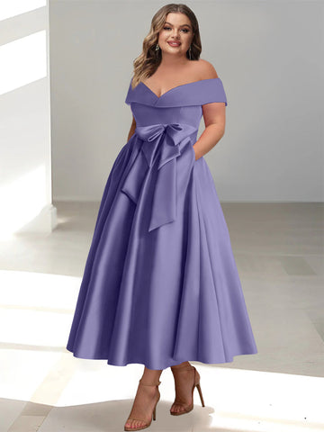 A-Line/Princess Off-the-Shoulder Sleeveless Ankle-Length Plus Size Mother of the Bride Dresses with Pockets