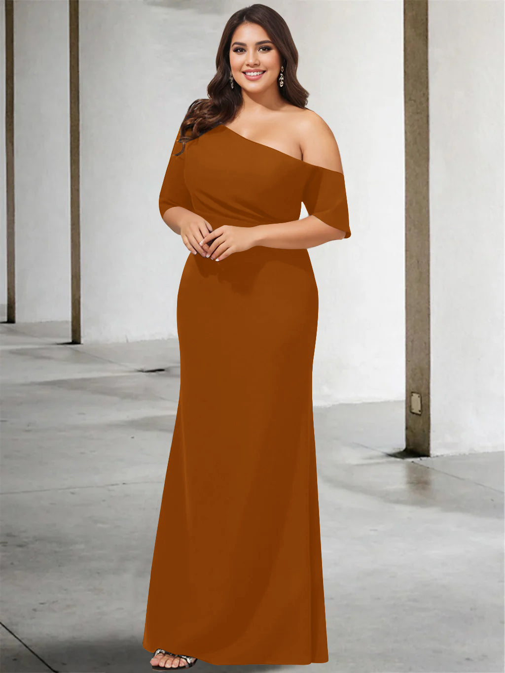 A-Line/Princess One-Shoulder 3/4 Length Sleeves Pure Color Plus Size Floor-Length Mother of the Bride Dresses