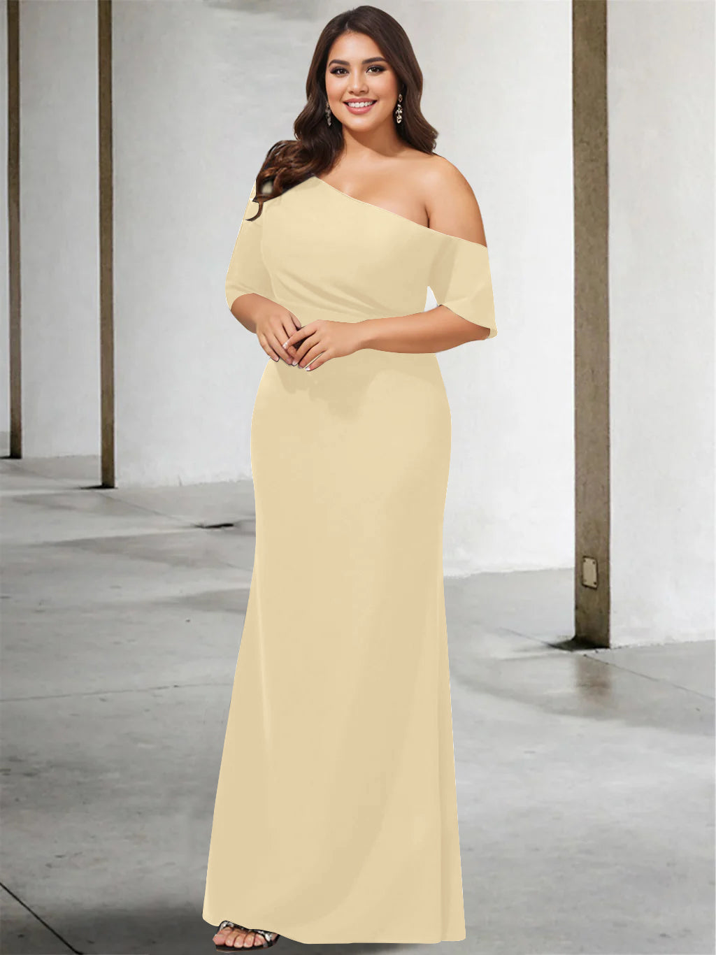 A-Line/Princess One-Shoulder 3/4 Length Sleeves Pure Color Plus Size Floor-Length Mother of the Bride Dresses