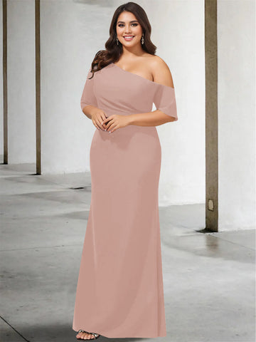 A-Line/Princess One-Shoulder 3/4 Length Sleeves Pure Color Plus Size Floor-Length Mother of the Bride Dresses