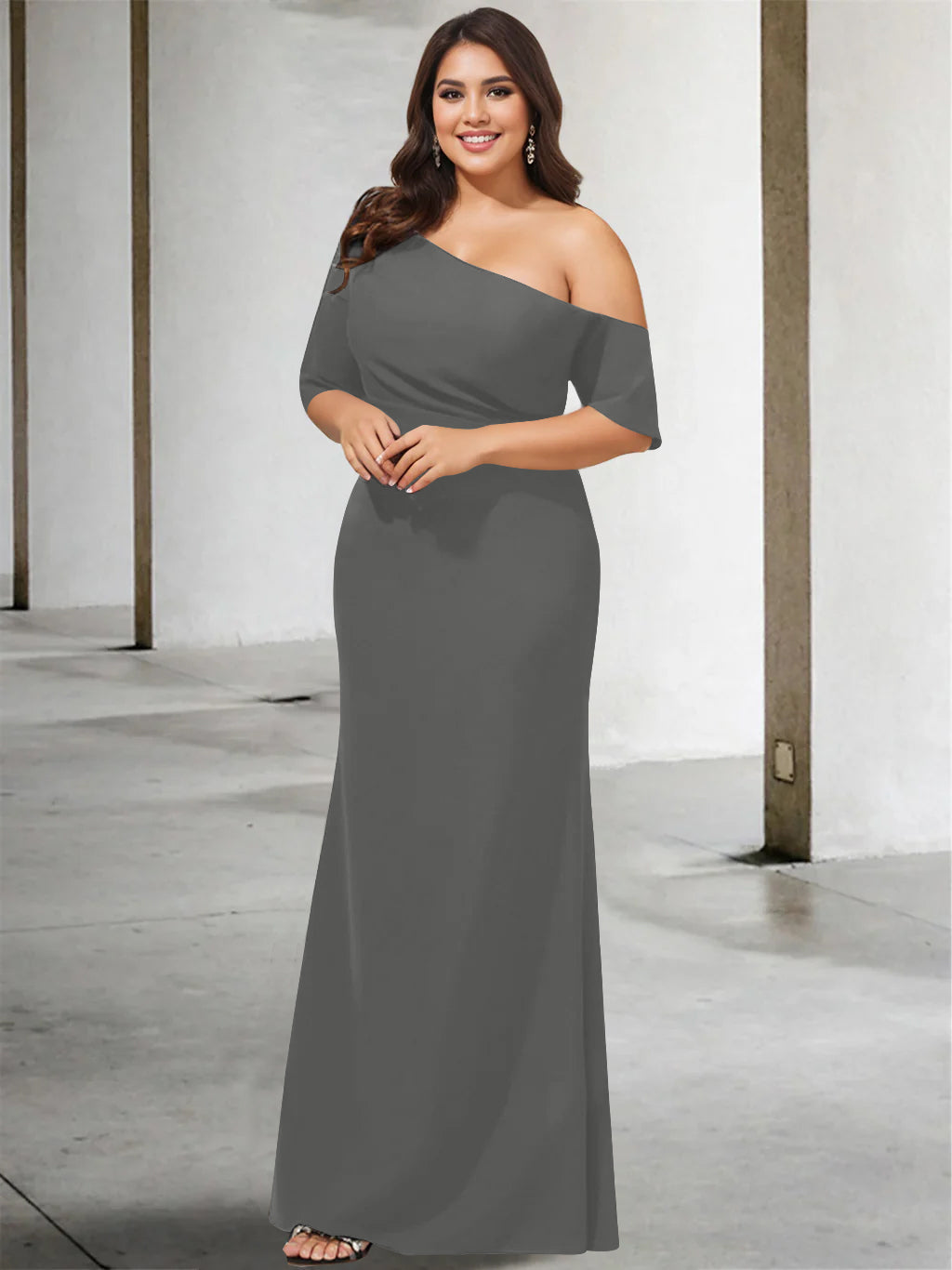 A-Line/Princess One-Shoulder 3/4 Length Sleeves Pure Color Plus Size Floor-Length Mother of the Bride Dresses