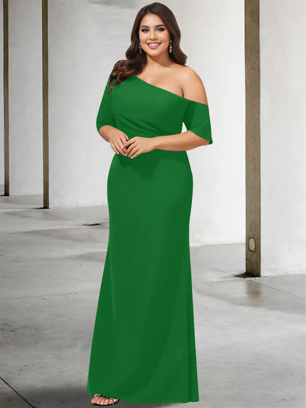A-Line/Princess One-Shoulder 3/4 Length Sleeves Pure Color Plus Size Floor-Length Mother of the Bride Dresses