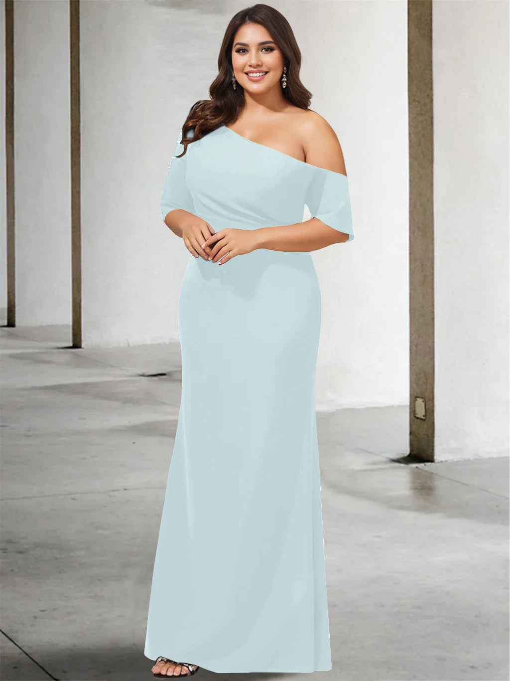 A-Line/Princess One-Shoulder 3/4 Length Sleeves Pure Color Plus Size Floor-Length Mother of the Bride Dresses