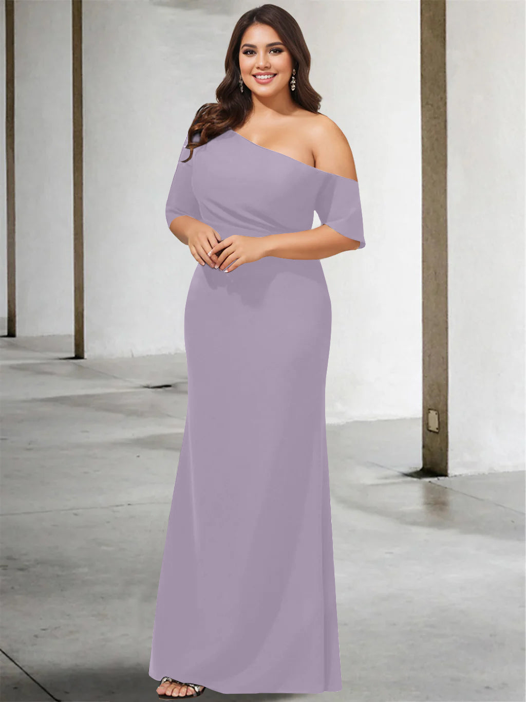 A-Line/Princess One-Shoulder 3/4 Length Sleeves Pure Color Plus Size Floor-Length Mother of the Bride Dresses