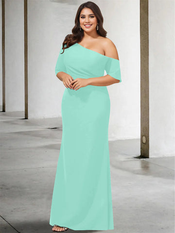 A-Line/Princess One-Shoulder 3/4 Length Sleeves Pure Color Plus Size Floor-Length Mother of the Bride Dresses