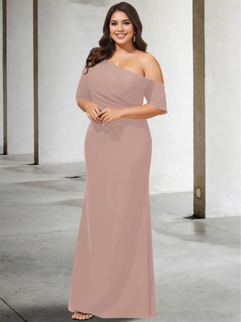 A-Line/Princess One-Shoulder 3/4 Length Sleeves Pure Color Plus Size Floor-Length Mother of the Bride Dresses