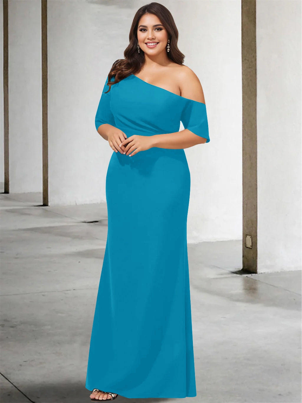 A-Line/Princess One-Shoulder 3/4 Length Sleeves Pure Color Plus Size Floor-Length Mother of the Bride Dresses