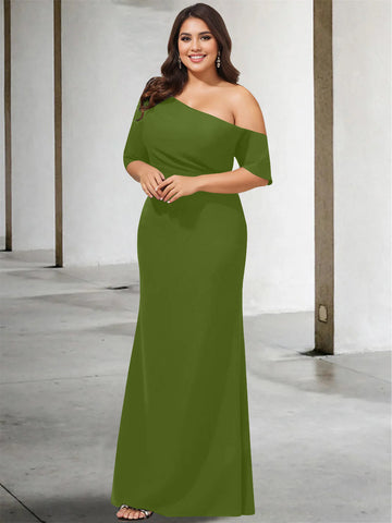 A-Line/Princess One-Shoulder 3/4 Length Sleeves Pure Color Plus Size Floor-Length Mother of the Bride Dresses