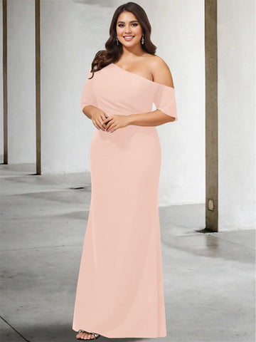 A-Line/Princess One-Shoulder 3/4 Length Sleeves Pure Color Plus Size Floor-Length Mother of the Bride Dresses