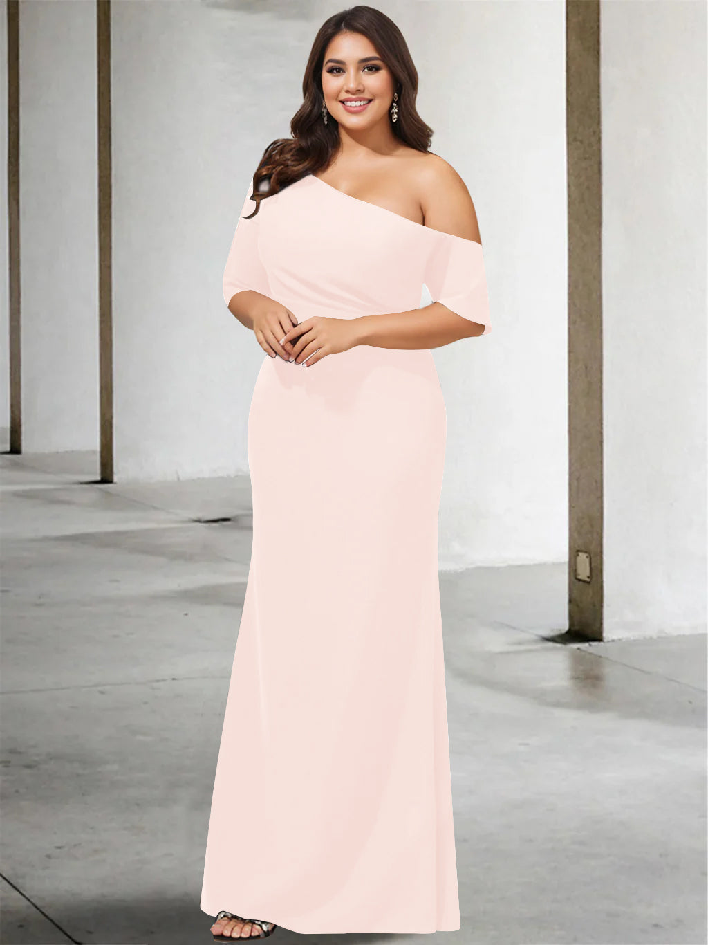A-Line/Princess One-Shoulder 3/4 Length Sleeves Pure Color Plus Size Floor-Length Mother of the Bride Dresses