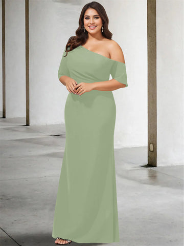A-Line/Princess One-Shoulder 3/4 Length Sleeves Pure Color Plus Size Floor-Length Mother of the Bride Dresses