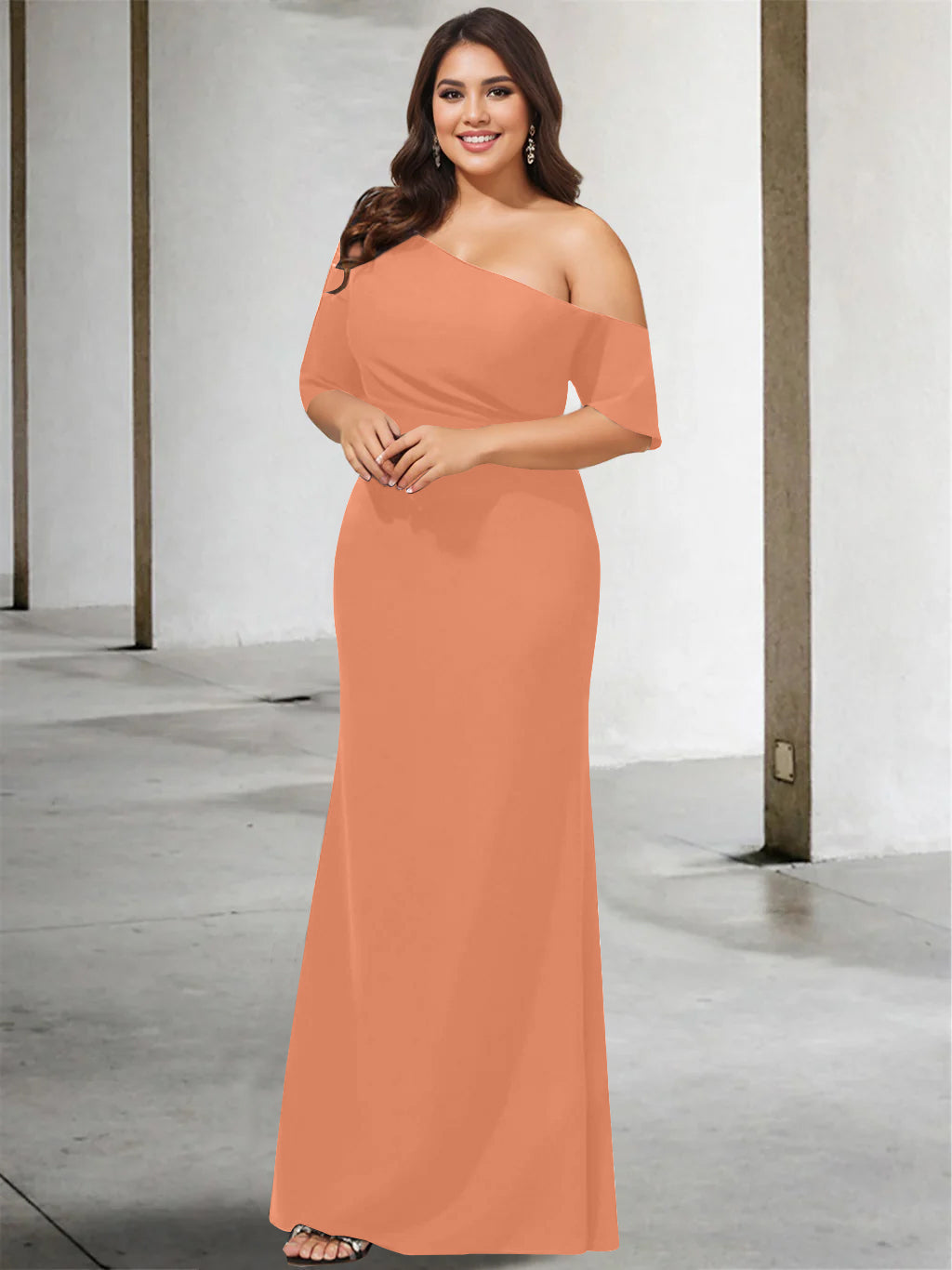 A-Line/Princess One-Shoulder 3/4 Length Sleeves Pure Color Plus Size Floor-Length Mother of the Bride Dresses