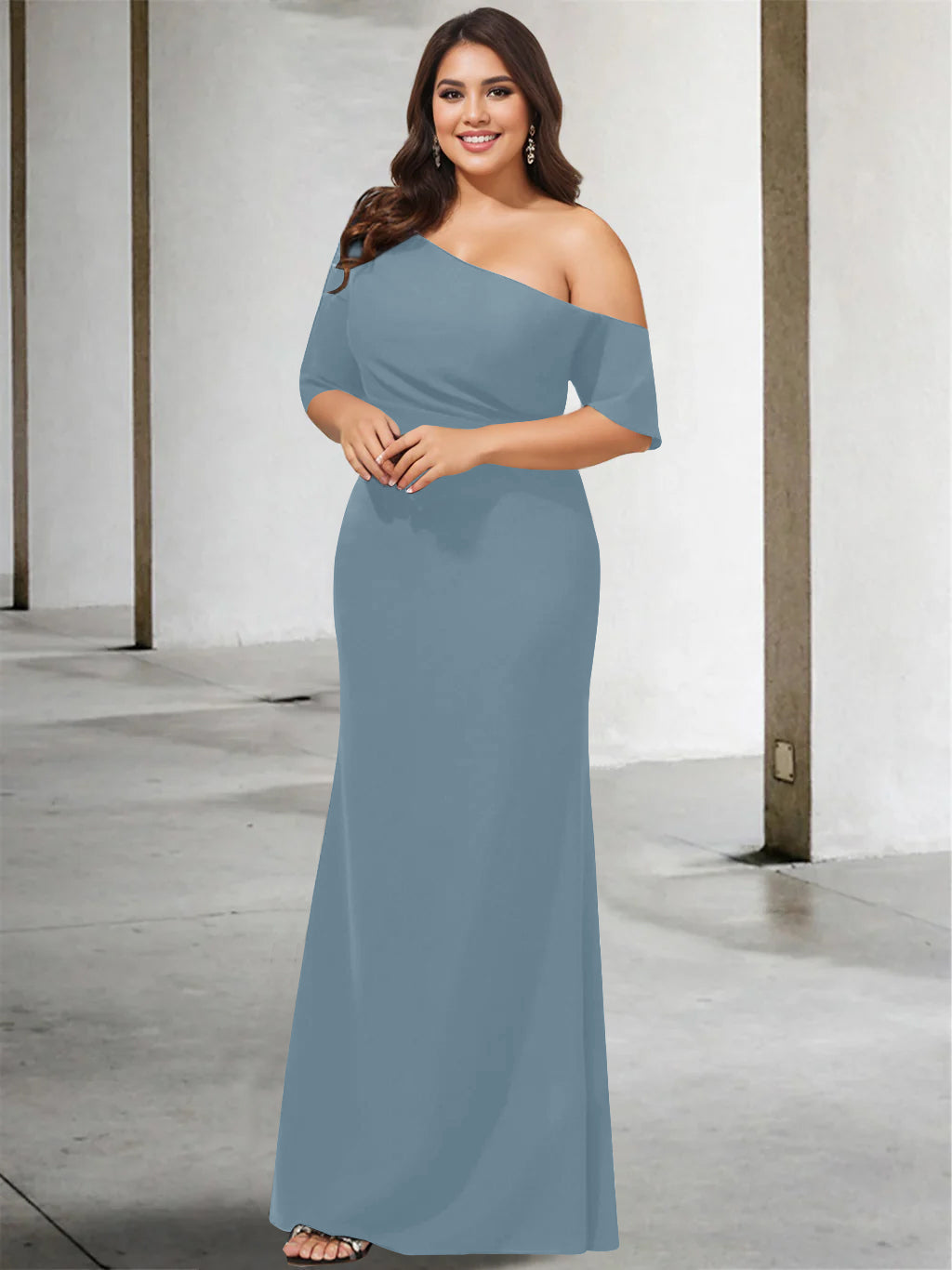 A-Line/Princess One-Shoulder 3/4 Length Sleeves Pure Color Plus Size Floor-Length Mother of the Bride Dresses