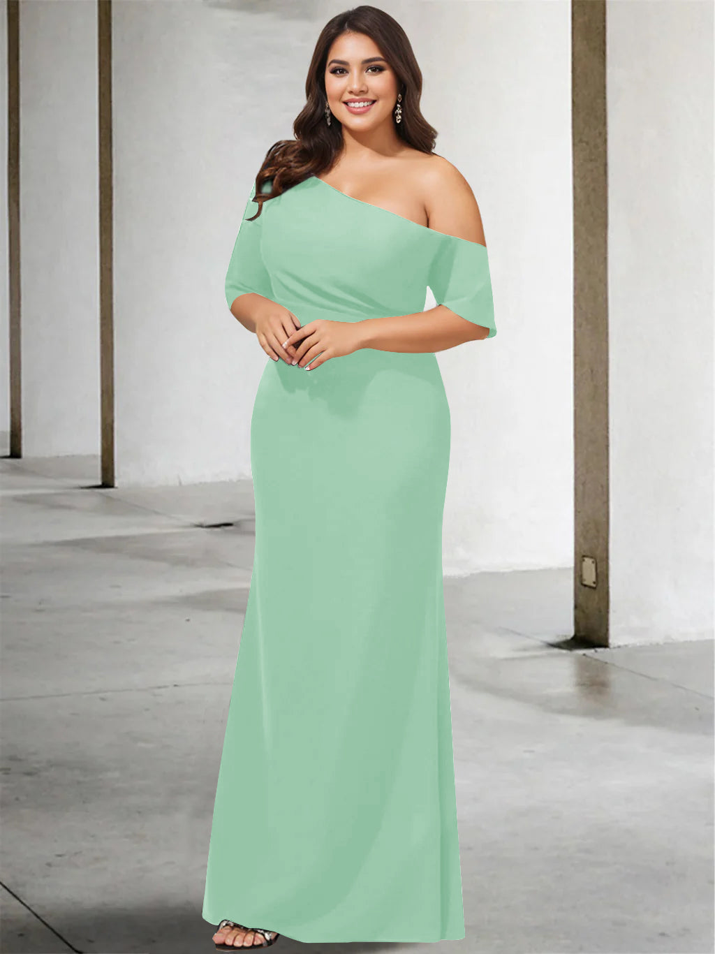 A-Line/Princess One-Shoulder 3/4 Length Sleeves Pure Color Plus Size Floor-Length Mother of the Bride Dresses