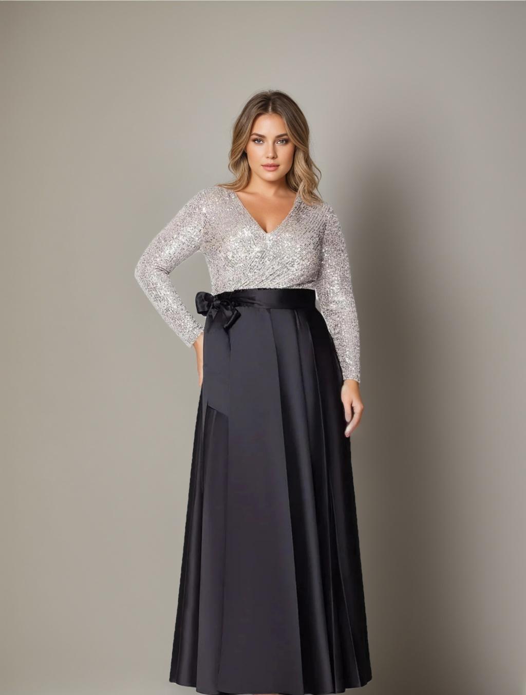 A-Line/Princess V-Neck Long Sleeves Floor-Length Plus Size Mother of the Bride Dresses With Pocket Sequins
