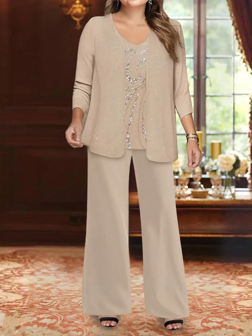 Chiffon V-Neck Floor-Length 3 Pieces Plus Size Mother of the Bride Pantsuits with Jacket & Sequins Beading