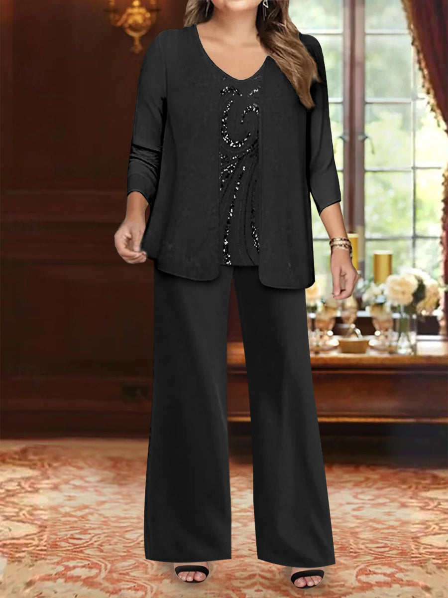Chiffon V-Neck Floor-Length 3 Pieces Plus Size Mother of the Bride Pantsuits with Jacket & Sequins Beading