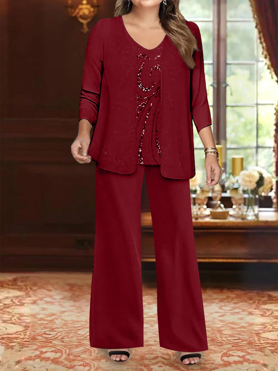 Chiffon V-Neck Floor-Length 3 Pieces Plus Size Mother of the Bride Pantsuits with Jacket & Sequins Beading