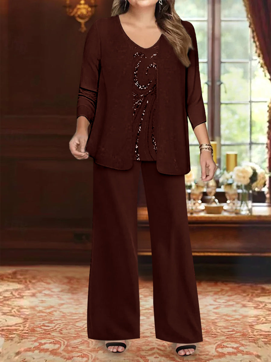 Chiffon V-Neck Floor-Length 3 Pieces Plus Size Mother of the Bride Pantsuits with Jacket & Sequins Beading