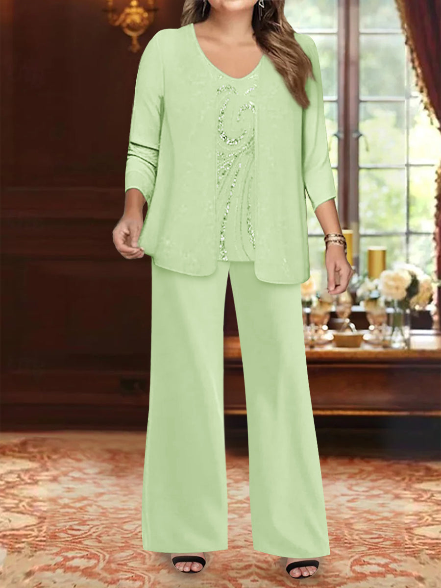 Chiffon V-Neck Floor-Length 3 Pieces Plus Size Mother of the Bride Pantsuits with Jacket & Sequins Beading