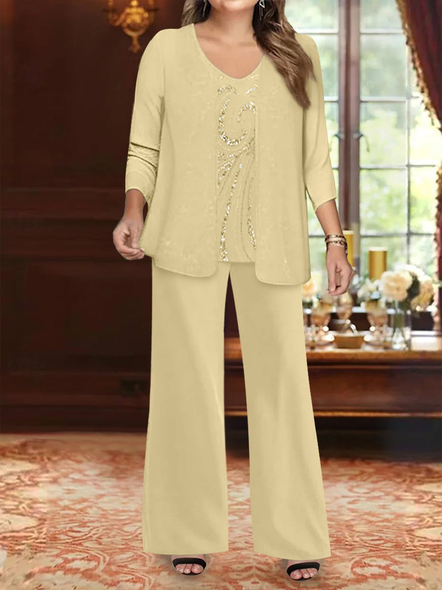 Chiffon V-Neck Floor-Length 3 Pieces Plus Size Mother of the Bride Pantsuits with Jacket & Sequins Beading