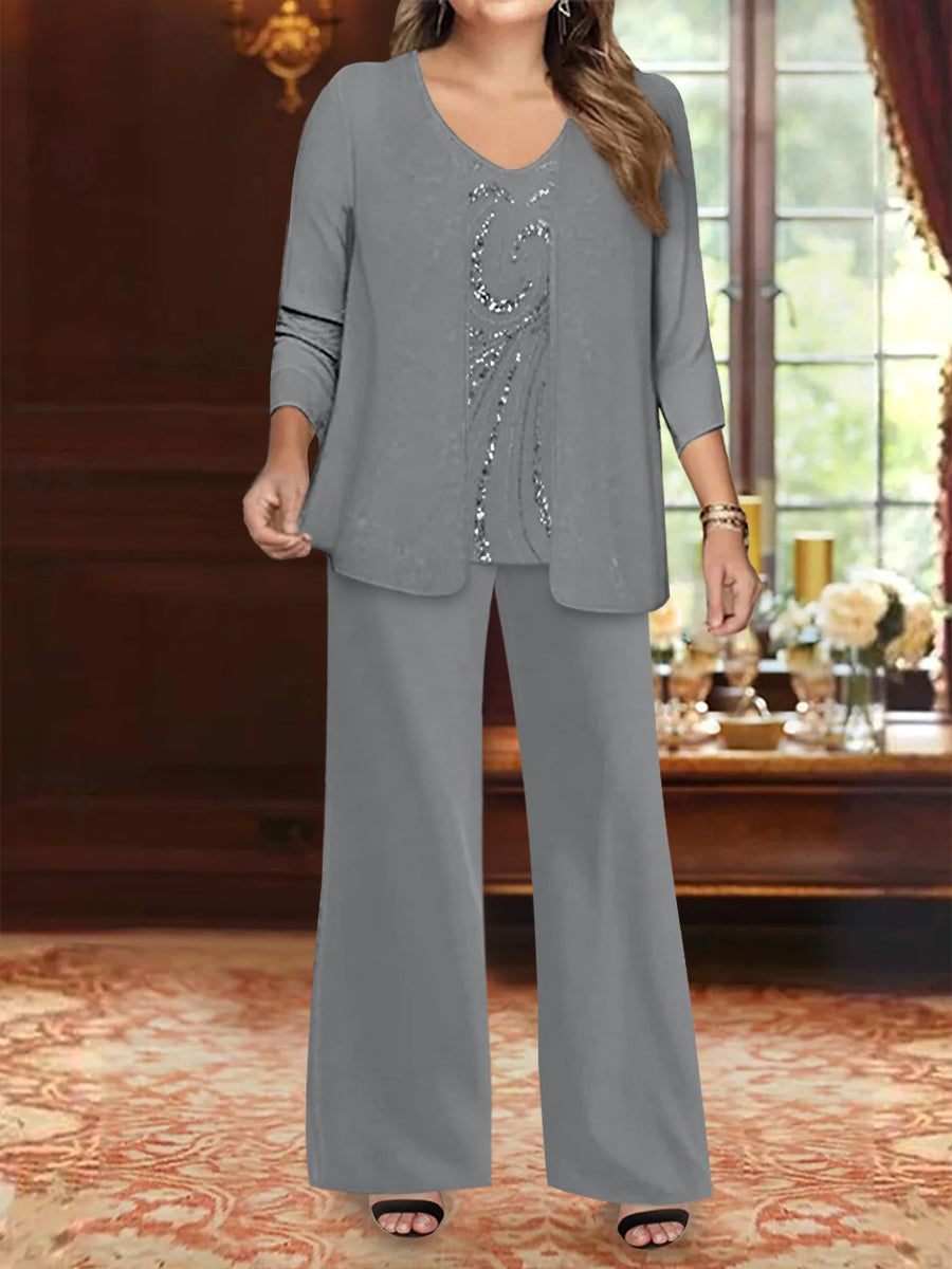 Chiffon V-Neck Floor-Length 3 Pieces Plus Size Mother of the Bride Pantsuits with Jacket & Sequins Beading