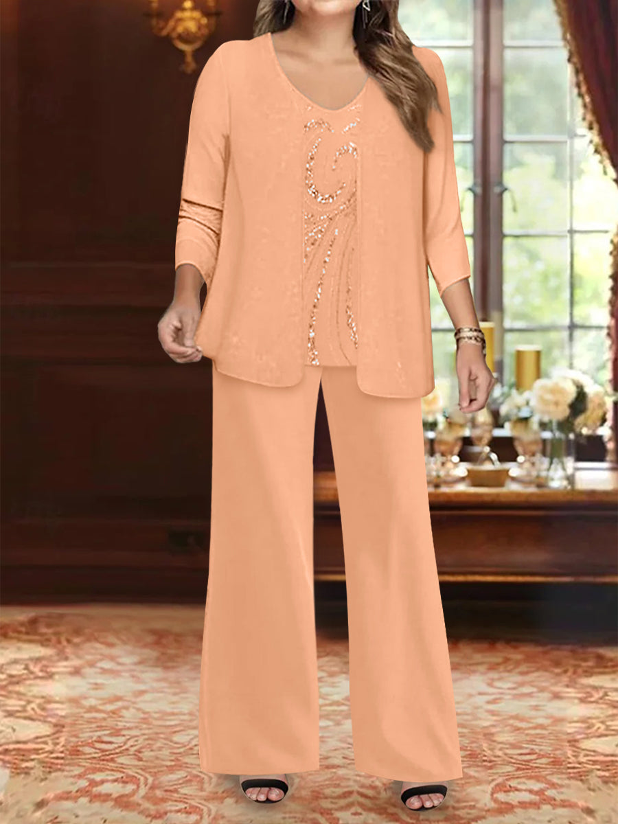 Chiffon V-Neck Floor-Length 3 Pieces Plus Size Mother of the Bride Pantsuits with Jacket & Sequins Beading