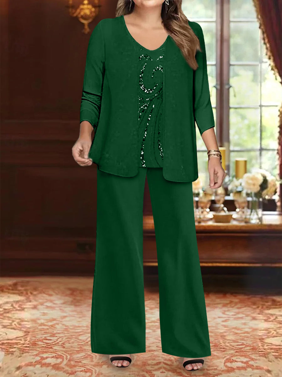 Chiffon V-Neck Floor-Length 3 Pieces Plus Size Mother of the Bride Pantsuits with Jacket & Sequins Beading