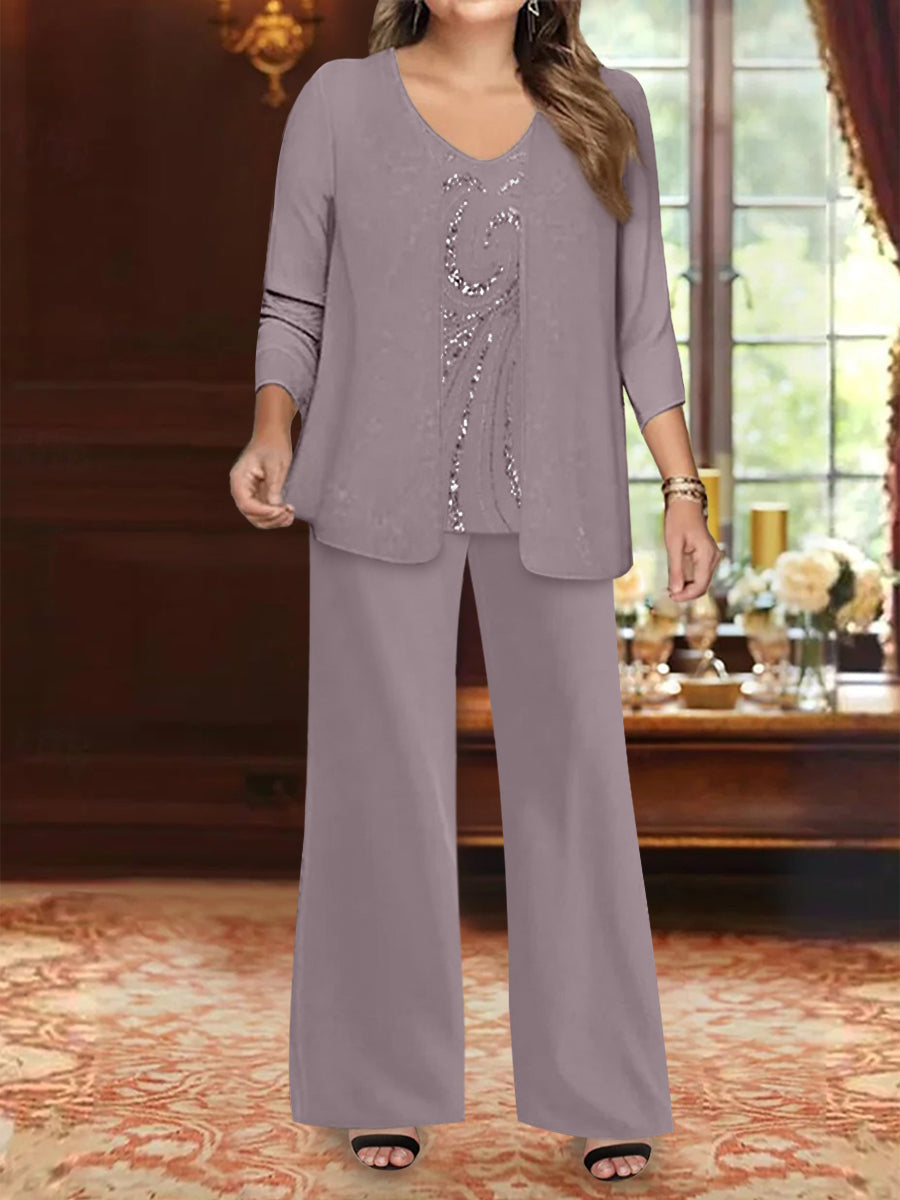 Chiffon V-Neck Floor-Length 3 Pieces Plus Size Mother of the Bride Pantsuits with Jacket & Sequins Beading