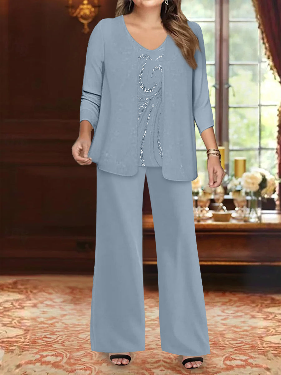 Chiffon V-Neck Floor-Length 3 Pieces Plus Size Mother of the Bride Pantsuits with Jacket & Sequins Beading