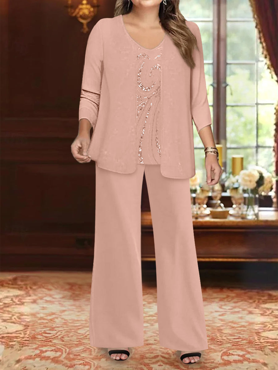Chiffon V-Neck Floor-Length 3 Pieces Plus Size Mother of the Bride Pantsuits with Jacket & Sequins Beading