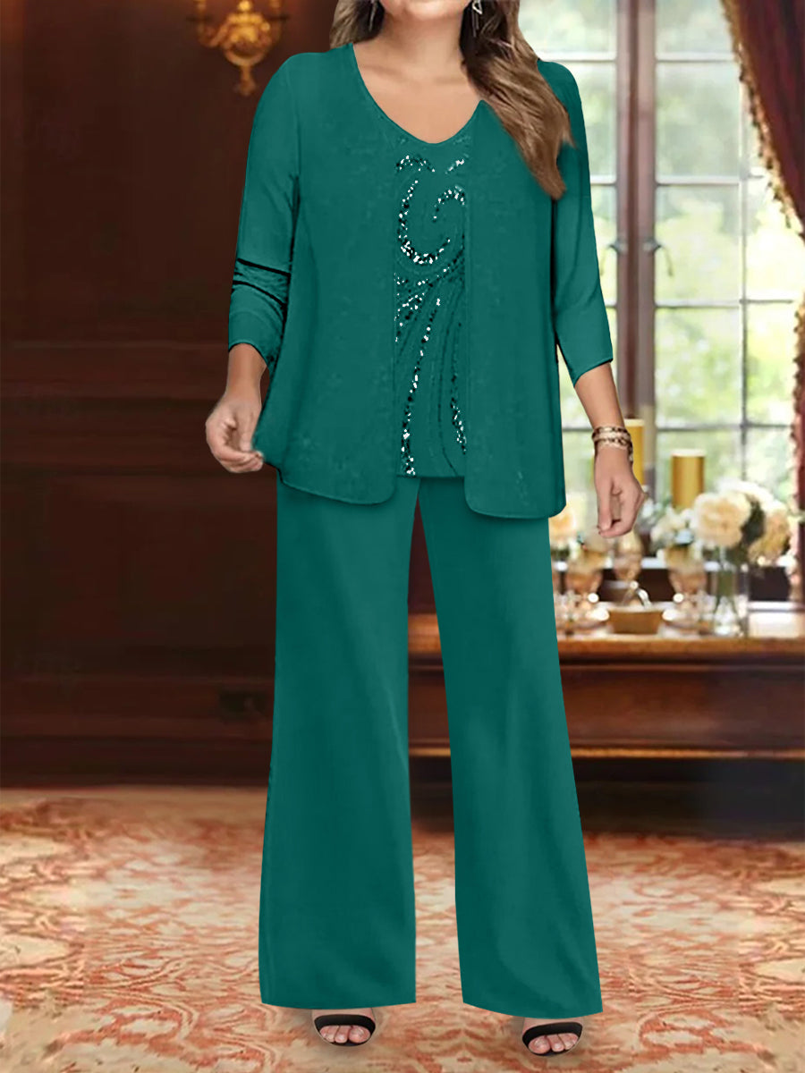 Chiffon V-Neck Floor-Length 3 Pieces Plus Size Mother of the Bride Pantsuits with Jacket & Sequins Beading