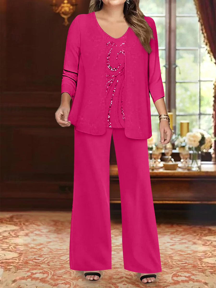 Chiffon V-Neck Floor-Length 3 Pieces Plus Size Mother of the Bride Pantsuits with Jacket & Sequins Beading