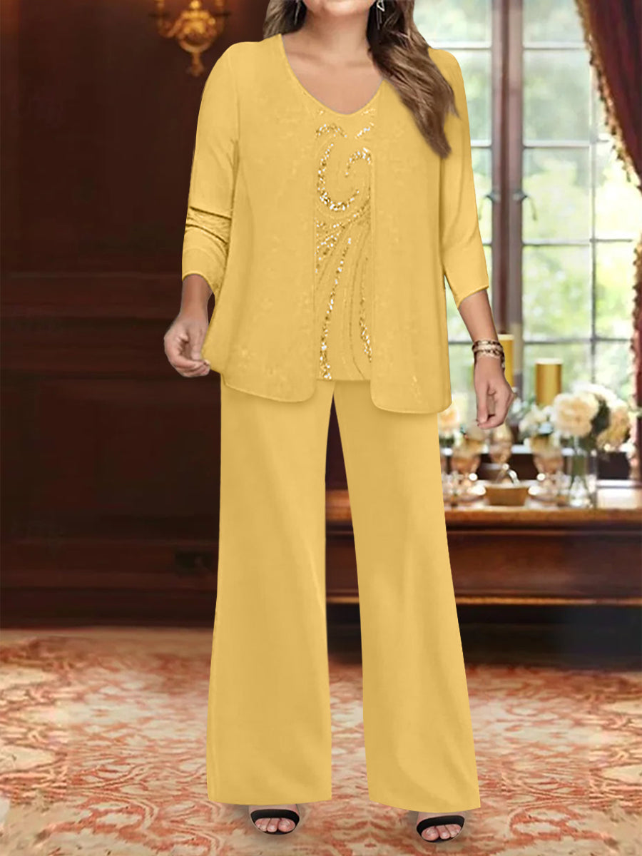 Chiffon V-Neck Floor-Length 3 Pieces Plus Size Mother of the Bride Pantsuits with Jacket & Sequins Beading