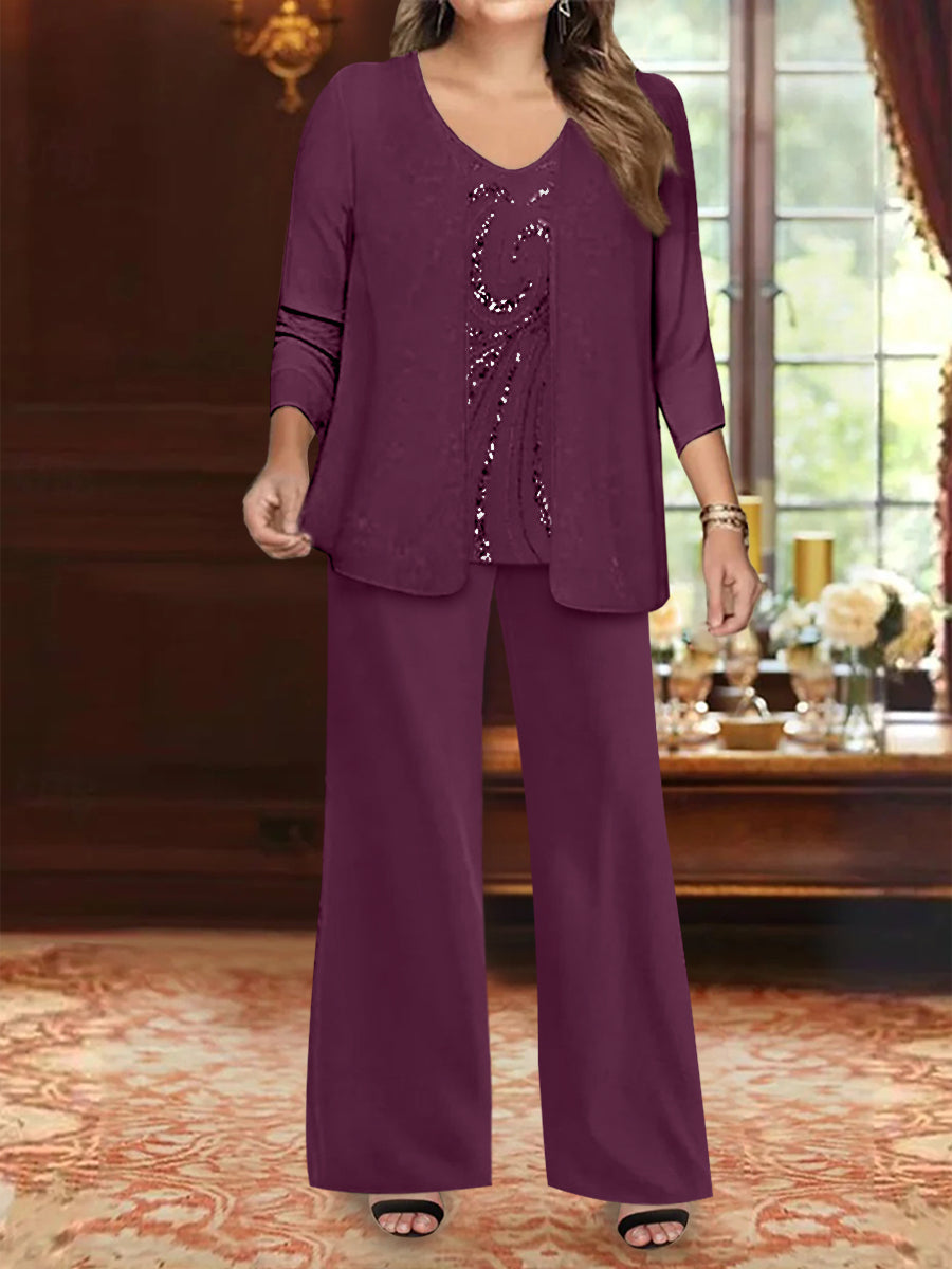 Chiffon V-Neck Floor-Length 3 Pieces Plus Size Mother of the Bride Pantsuits with Jacket & Sequins Beading