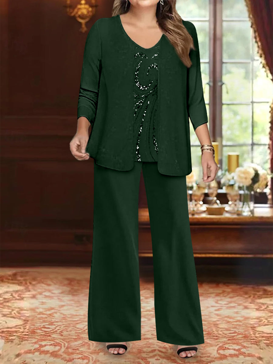 Chiffon V-Neck Floor-Length 3 Pieces Plus Size Mother of the Bride Pantsuits with Jacket & Sequins Beading