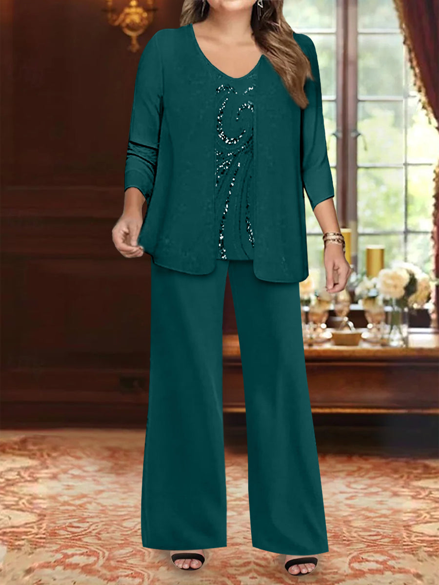 Chiffon V-Neck Floor-Length 3 Pieces Plus Size Mother of the Bride Pantsuits with Jacket & Sequins Beading