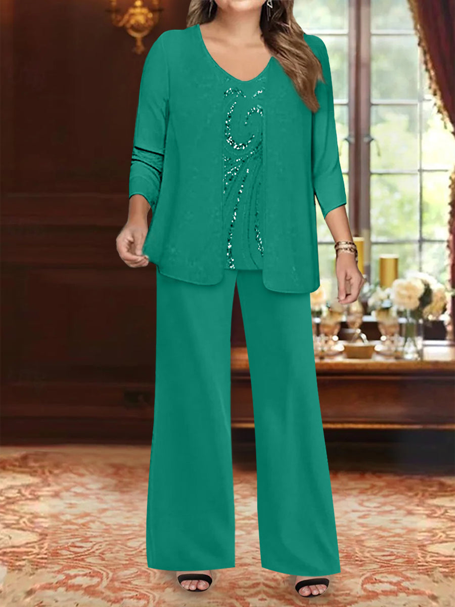 Chiffon V-Neck Floor-Length 3 Pieces Plus Size Mother of the Bride Pantsuits with Jacket & Sequins Beading