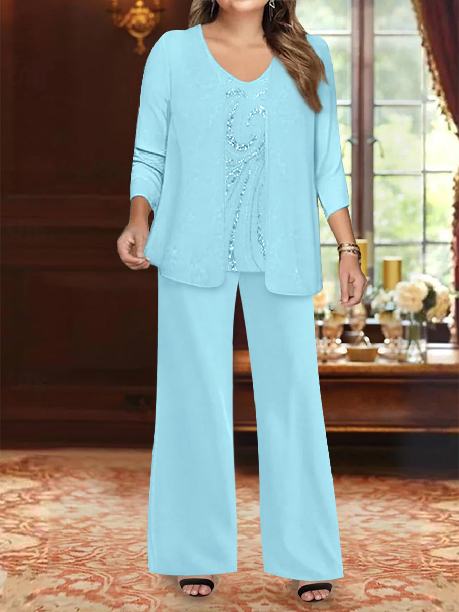 Chiffon V-Neck Floor-Length 3 Pieces Plus Size Mother of the Bride Pantsuits with Jacket & Sequins Beading