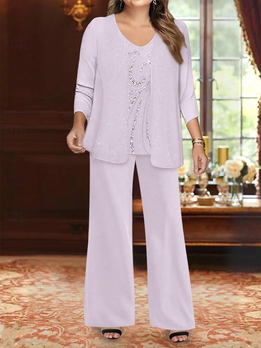 Chiffon V-Neck Floor-Length 3 Pieces Plus Size Mother of the Bride Pantsuits with Jacket & Sequins Beading