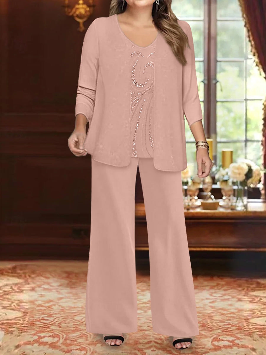 Chiffon V-Neck Floor-Length 3 Pieces Plus Size Mother of the Bride Pantsuits with Jacket & Sequins Beading
