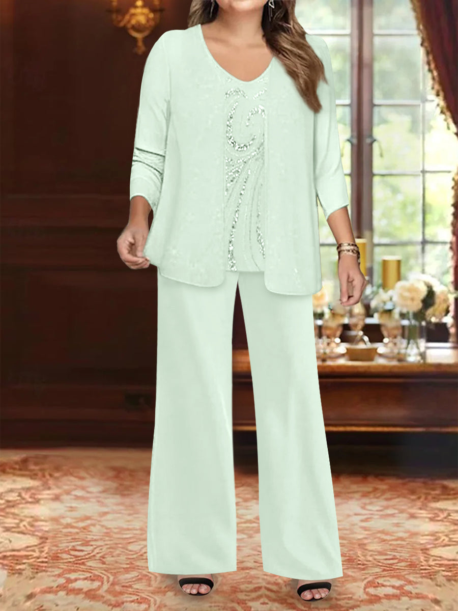 Chiffon V-Neck Floor-Length 3 Pieces Plus Size Mother of the Bride Pantsuits with Jacket & Sequins Beading