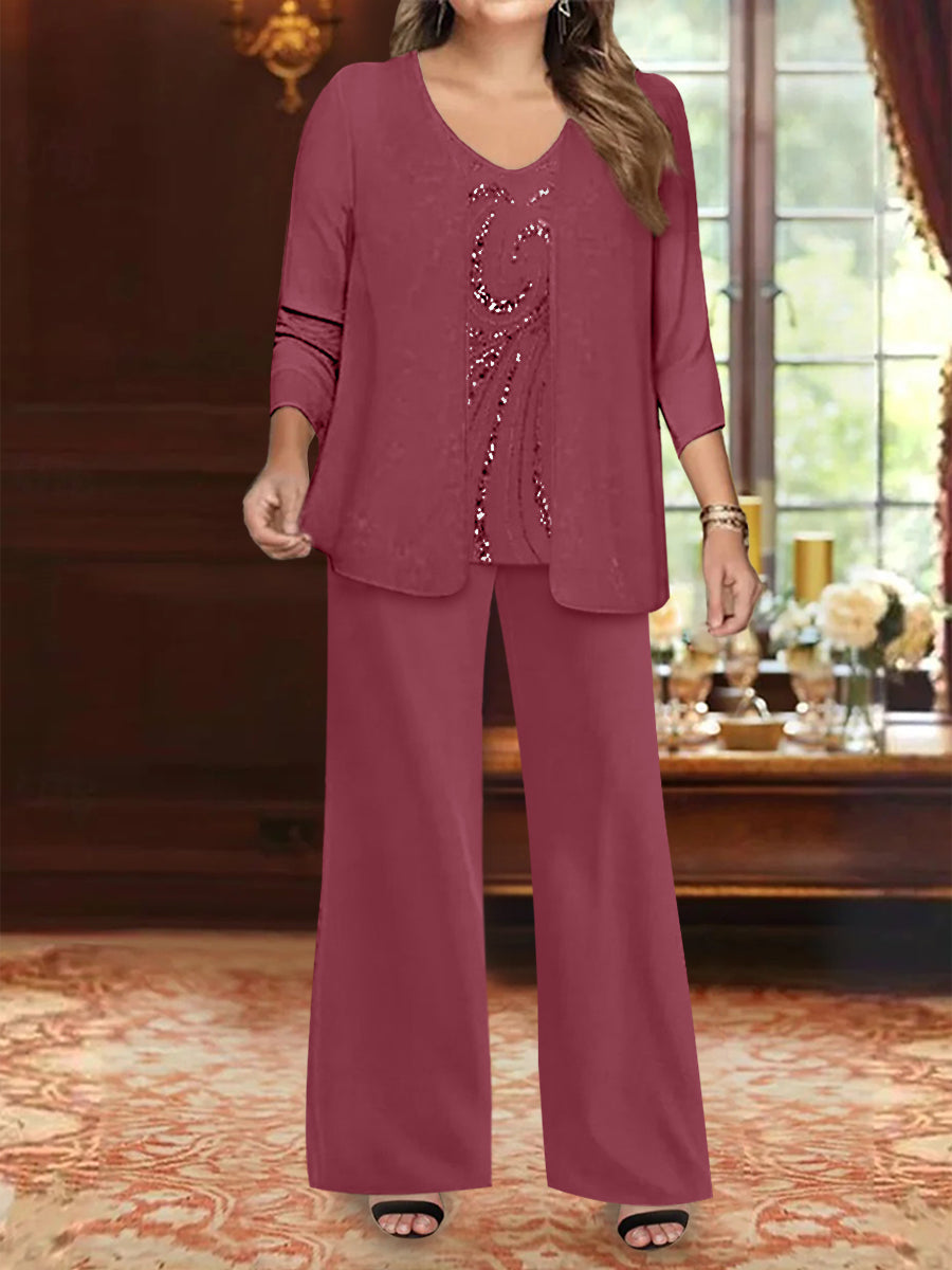 Chiffon V-Neck Floor-Length 3 Pieces Plus Size Mother of the Bride Pantsuits with Jacket & Sequins Beading