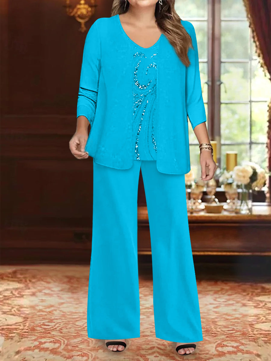 Chiffon V-Neck Floor-Length 3 Pieces Plus Size Mother of the Bride Pantsuits with Jacket & Sequins Beading