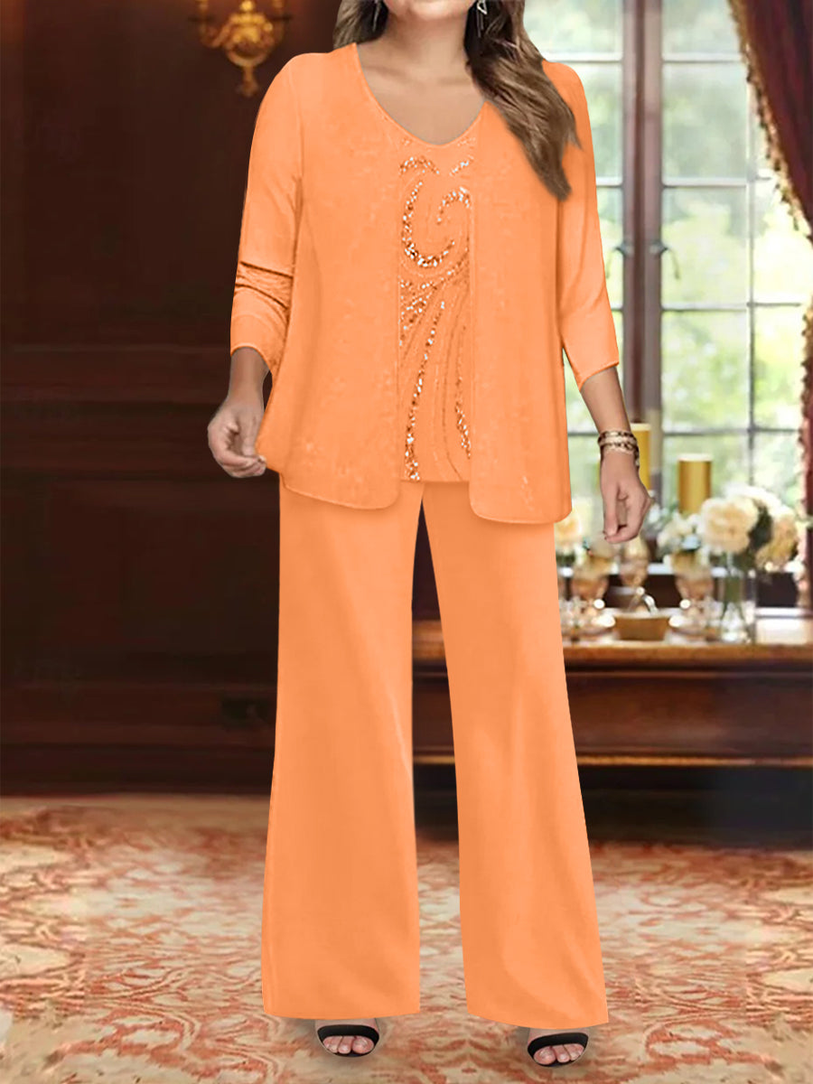 Chiffon V-Neck Floor-Length 3 Pieces Plus Size Mother of the Bride Pantsuits with Jacket & Sequins Beading