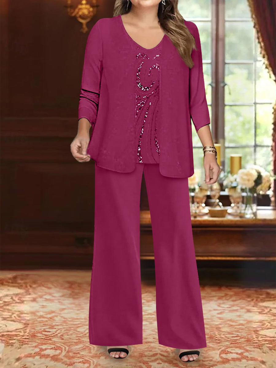 Chiffon V-Neck Floor-Length 3 Pieces Plus Size Mother of the Bride Pantsuits with Jacket & Sequins Beading