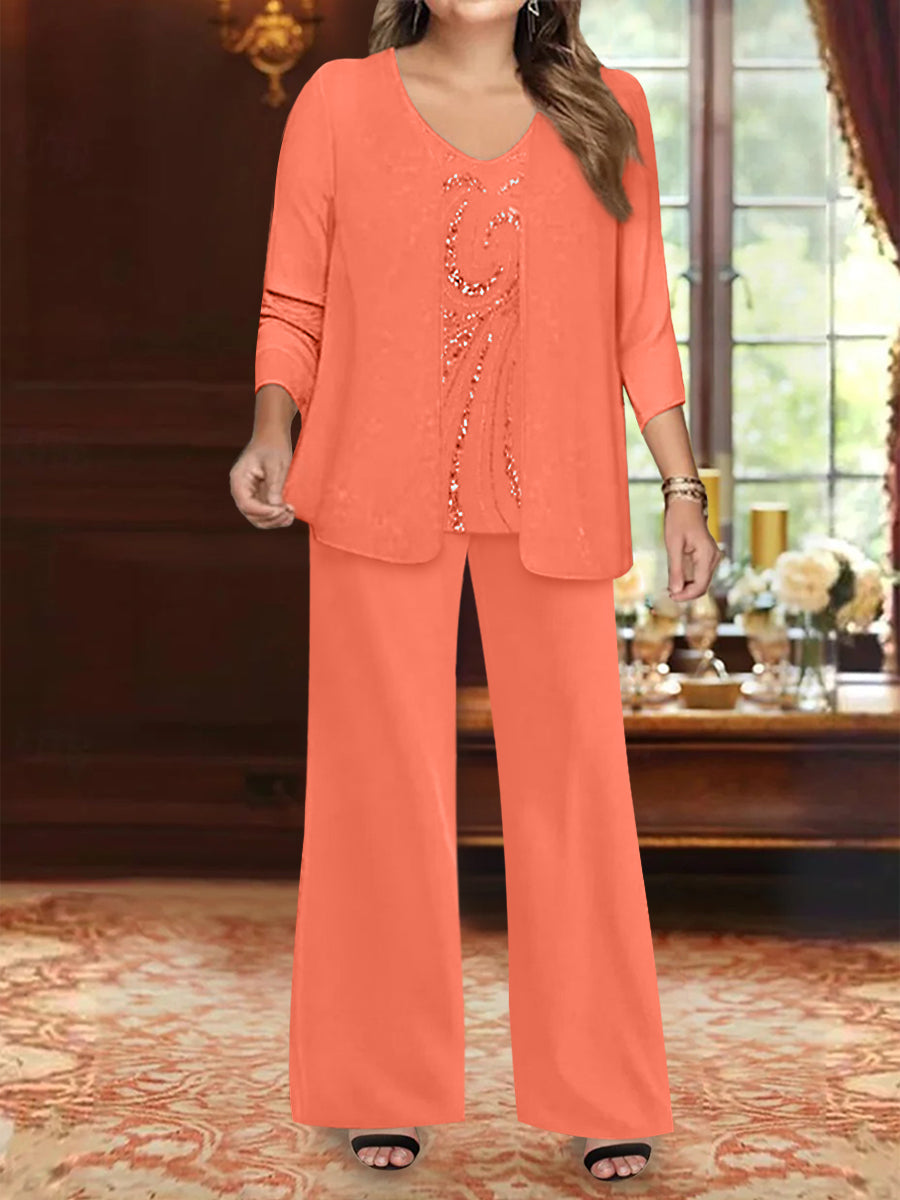 Chiffon V-Neck Floor-Length 3 Pieces Plus Size Mother of the Bride Pantsuits with Jacket & Sequins Beading